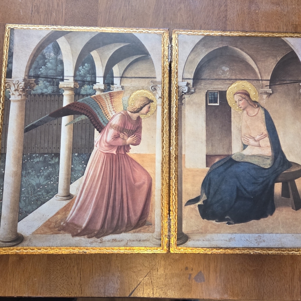 Vintage Mid-Century Florentine Gold Leaf Diptych – Fra Angelico "The Annunciatio